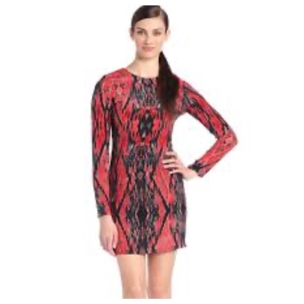 Parker Yolanda Abstract Red Black Iguana Print Silk Dress L Long Sleeve Mini